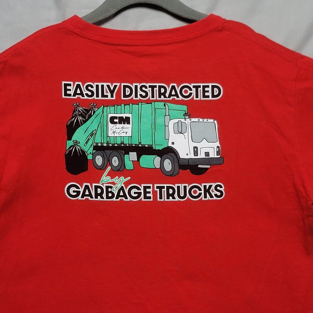 Cardin McCoy - Kids red shirt "Easily distracted by garbage trucks" L(12/14)